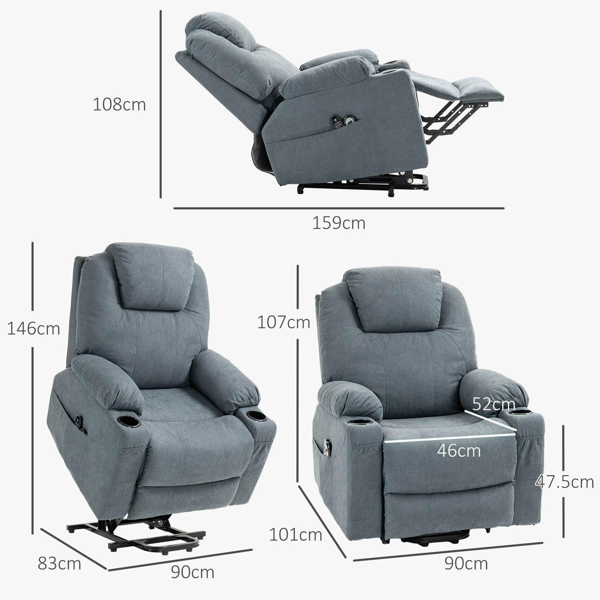 Electric lift recliner chair, charcoal upholstery with headrest, recline base angle