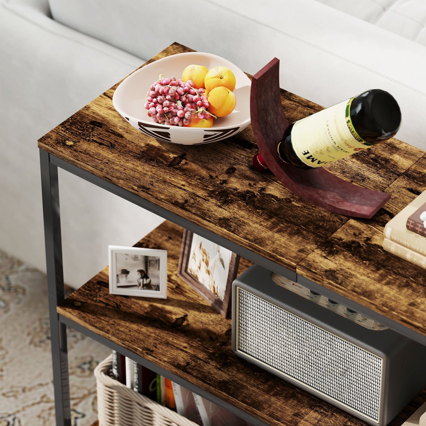 HOMCOM Rustic Brown 3 Tier Console Table With Storage Shelves For Entryway Industrial Black Frame