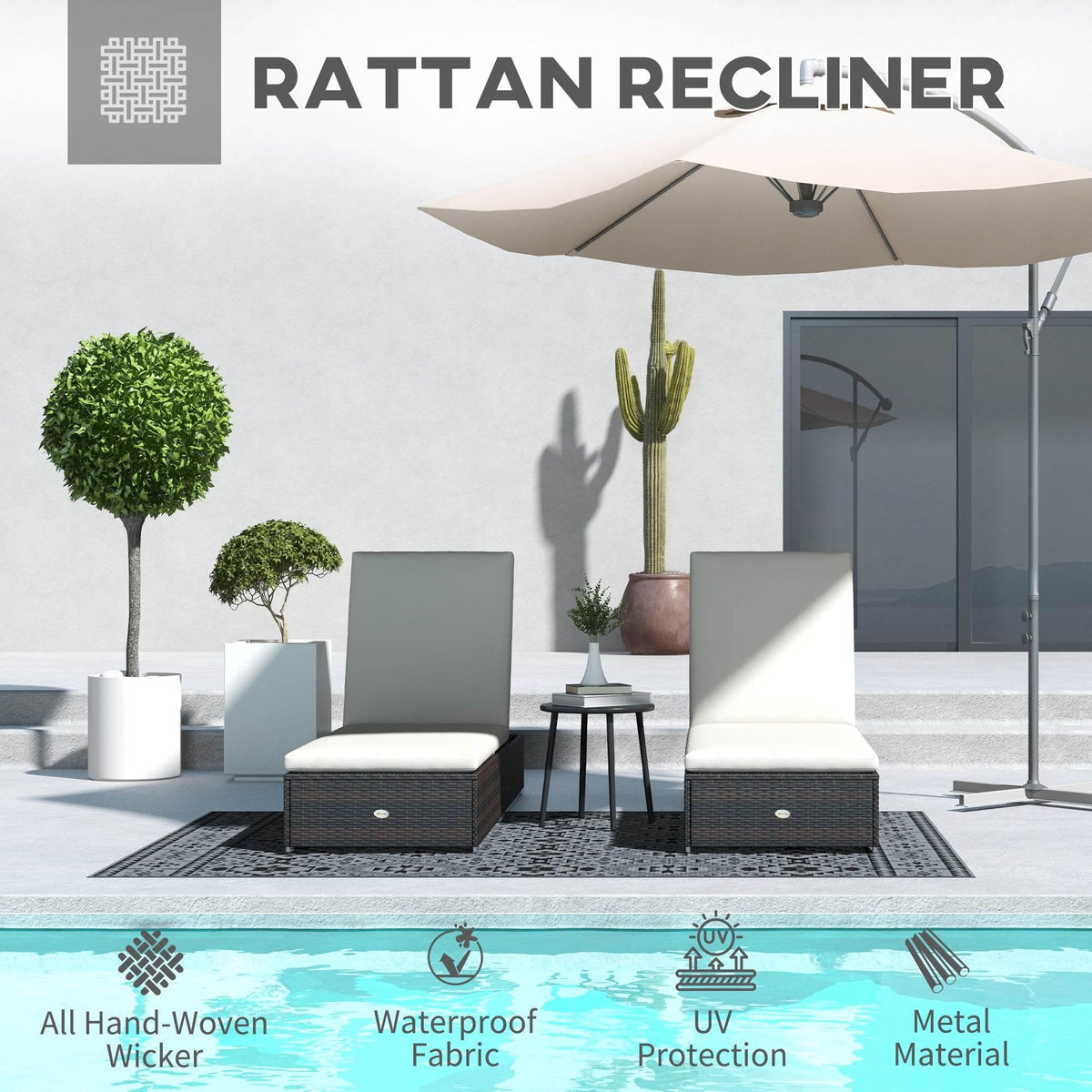 Set of two rattan recliner loungers with cream cushions and dark brown woven frames
