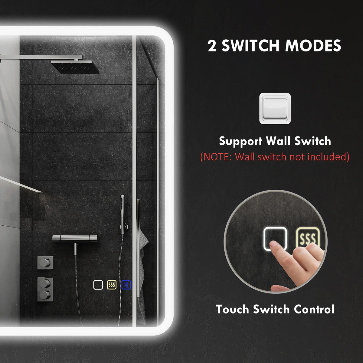 LED bathroom mirror with touch switch control and two switch modes