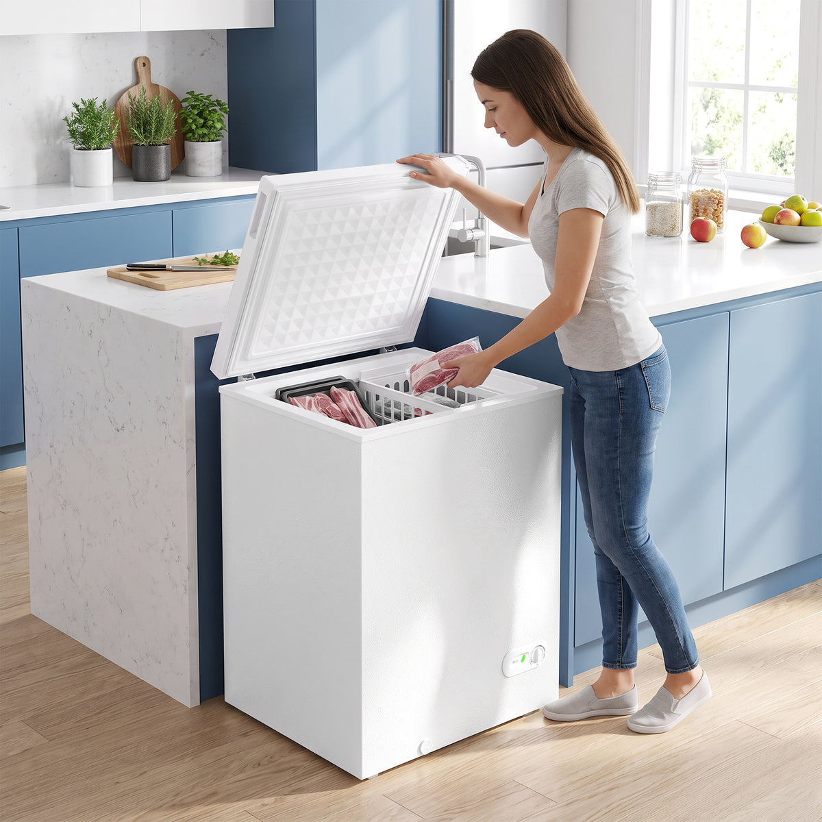 White chest freezer with open lid showing food storage basket inside