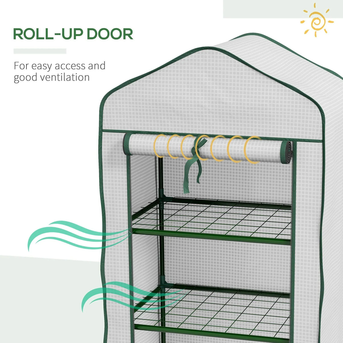 Three-tier portable mini greenhouse with roll-up door, white PE cover, green frame, 3 shelves