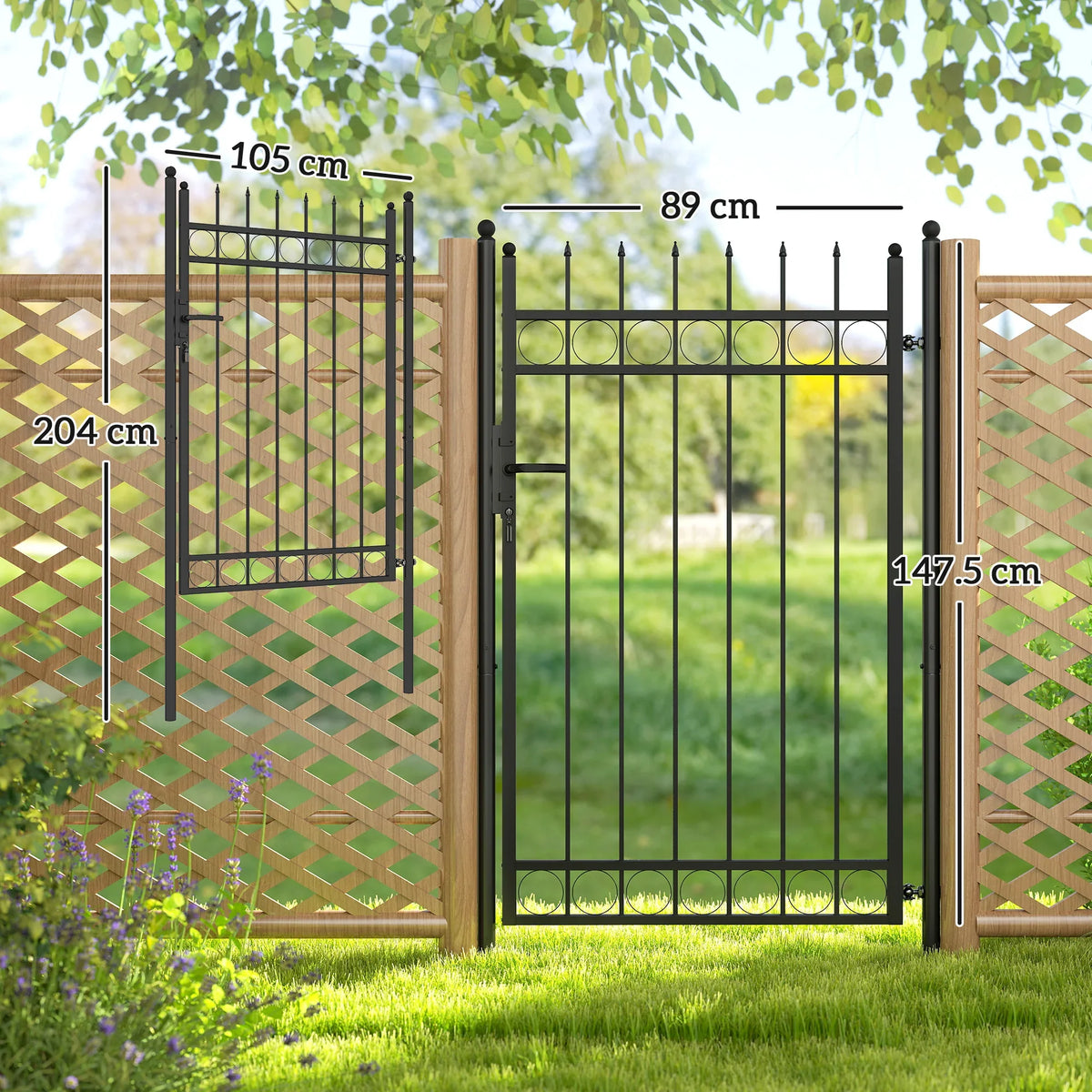 Black metal garden gate with decorative finials and arched central panel