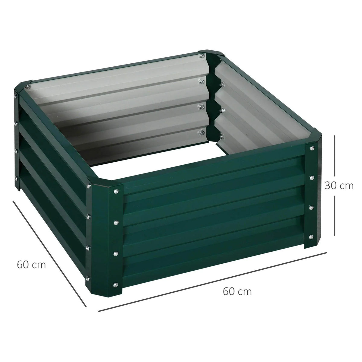 Green raised garden planter box with open top and slatted sides, elevated outdoor bed