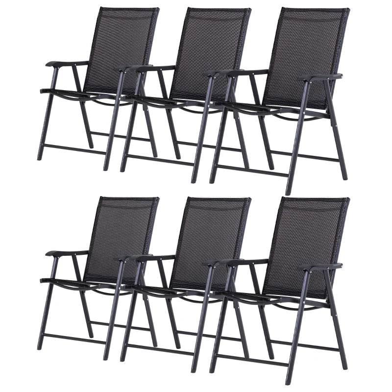 Set of 6 folding garden chairs, black mesh backs with arched armrests