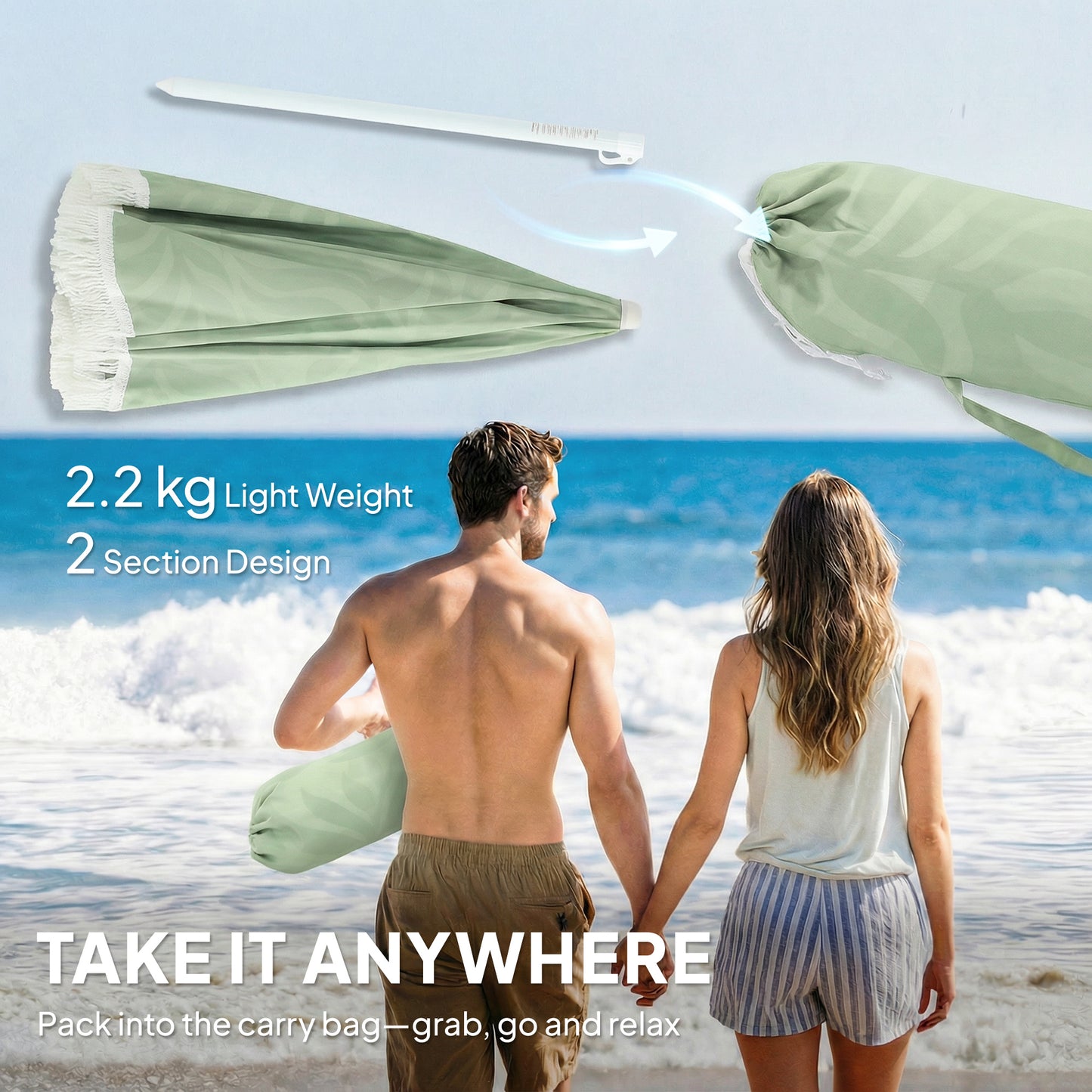 Outsunny 1.8m Beach Umbrella Parasol With Sand Anchor Portable Tilting Garden Adjustable Height Green