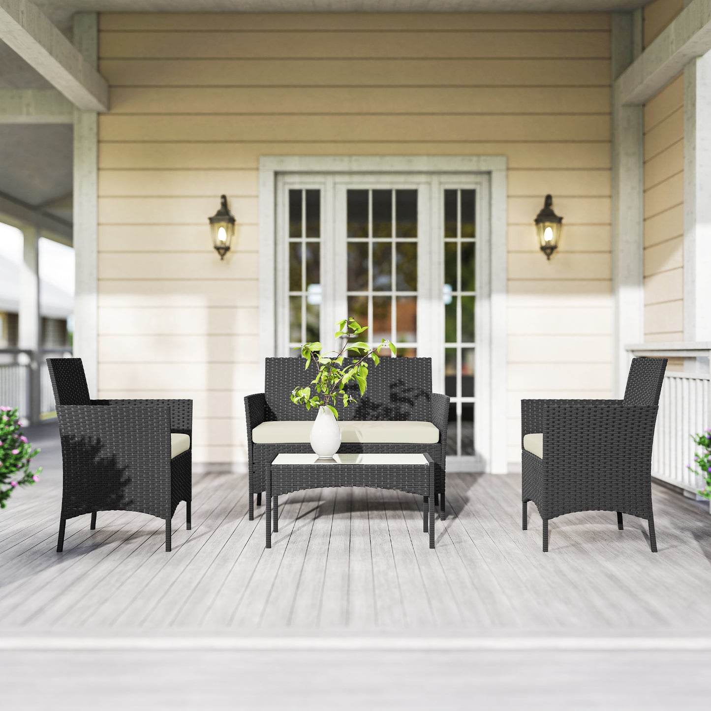 Outsunny 4 Piece Rattan Garden Furniture Set With Loveseat Armchairs Glass Top Coffee Table Cushions Cream White
