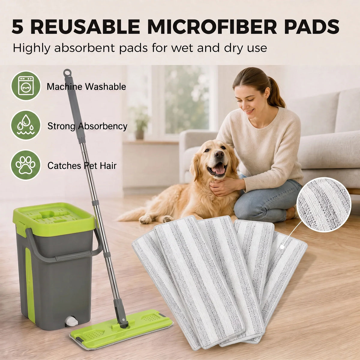 Bucket and flat mop with five reusable microfiber pads for wet and dry use