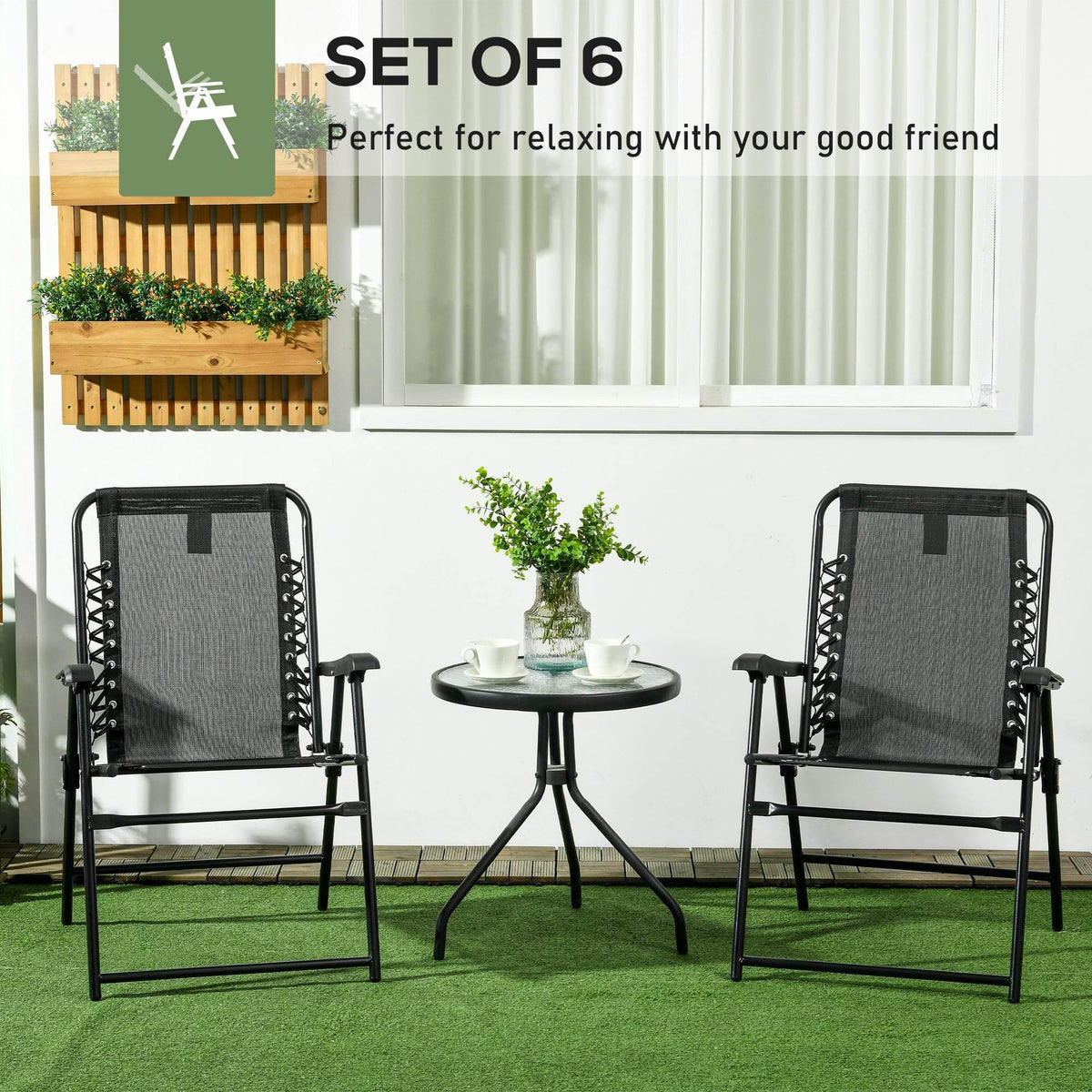 Pair of black folding mesh chairs with armrests for outdoor seating
