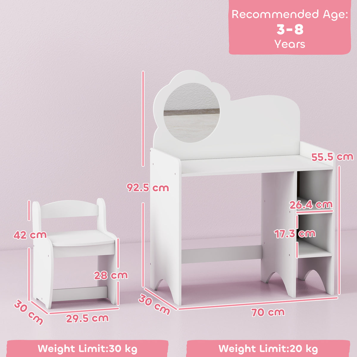 White kids vanity table with arched mirror and built-in storage shelves