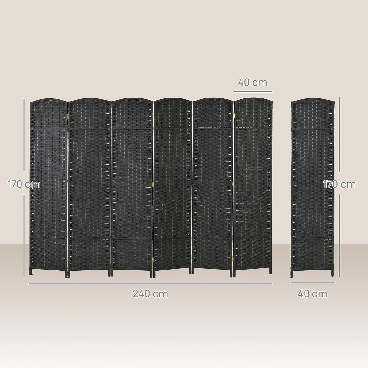 Black 6-panel folding privacy screen room divider with size dimensions shown.
