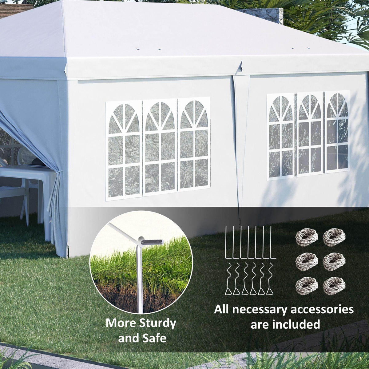White pop-up gazebo tent detail with window panel and included accessories