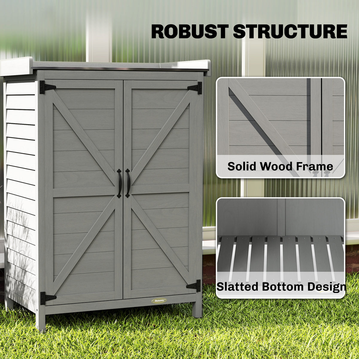 Grey wooden garden shed with double doors, diagonal paneling, and slatted bottom base.