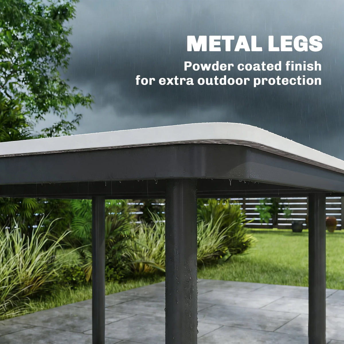 Powder-coated metal legs beneath a dark grey square outdoor dining table