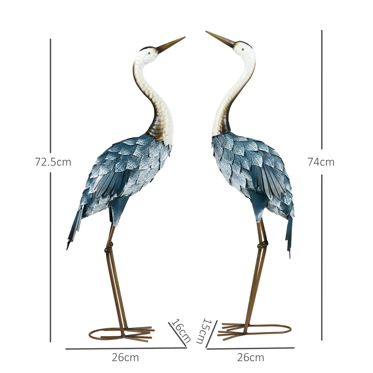 Two standing crane ornaments in blue and white, with overall size dimensions shown