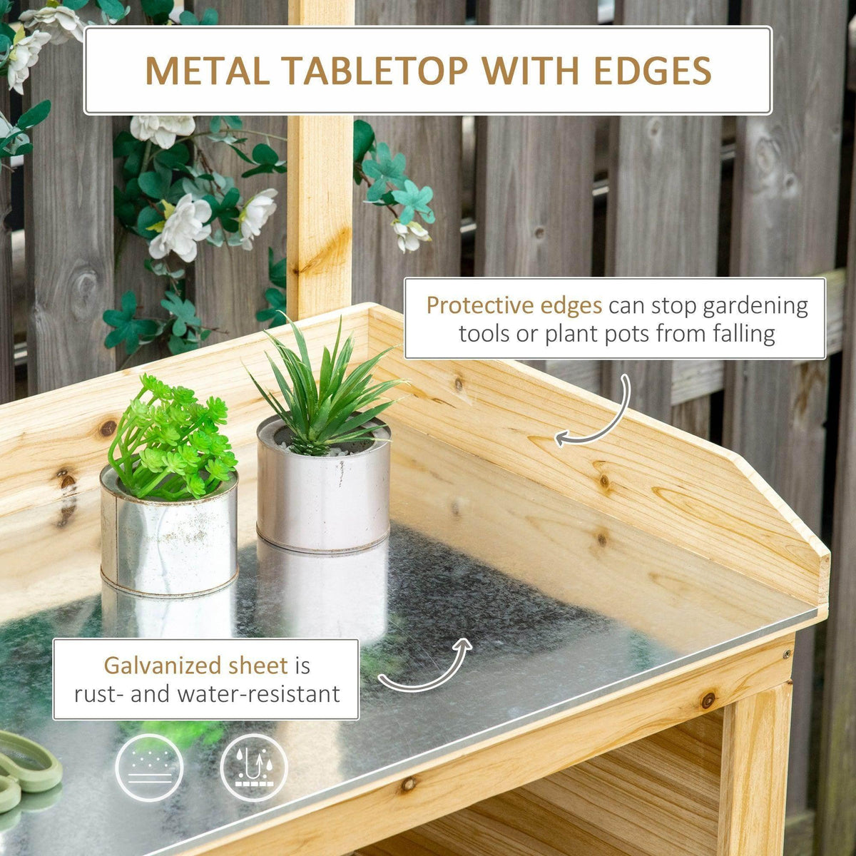 Galvanized metal tabletop with protective raised edges on a light wood potting bench