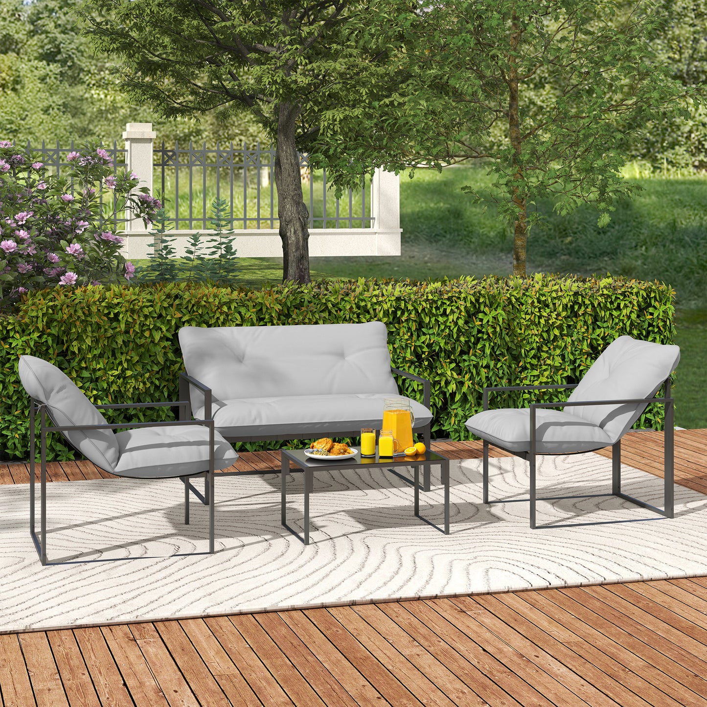 Outsunny Four Piece Relaxed Back Garden Dining Set Black And Light Grey With Steel Frame And Thick Cushioned Seats