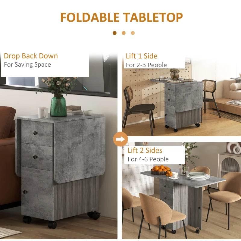 Foldable drop-leaf dining table with storage base, grey woodgrain, lift-up tabletop
