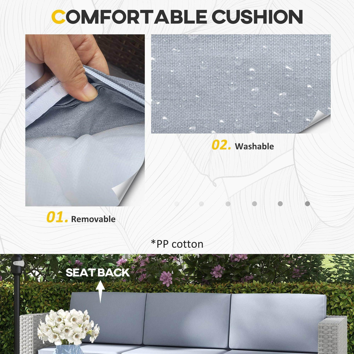Grey patio seat cushions with removable washable cover and PP cotton padding