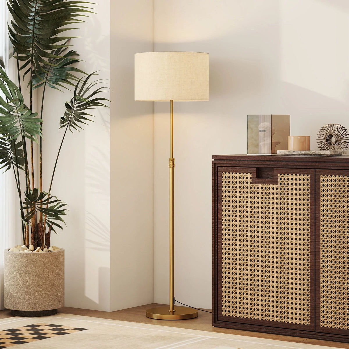 Gold standing floor lamp with rectangular linen shade and slim pole
