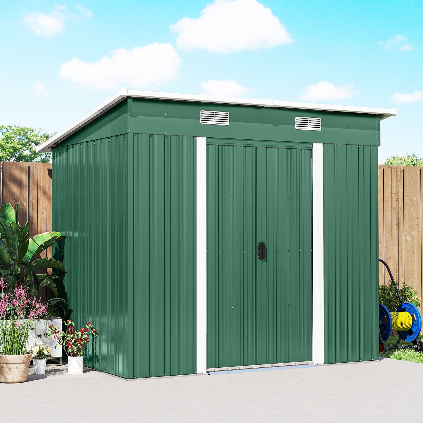 Outsunny 7x4ft Outdoor Storage Shed With Foundation Kit Lean To Metal Garden Shed For Tools Bikes Rubbish Bins Green