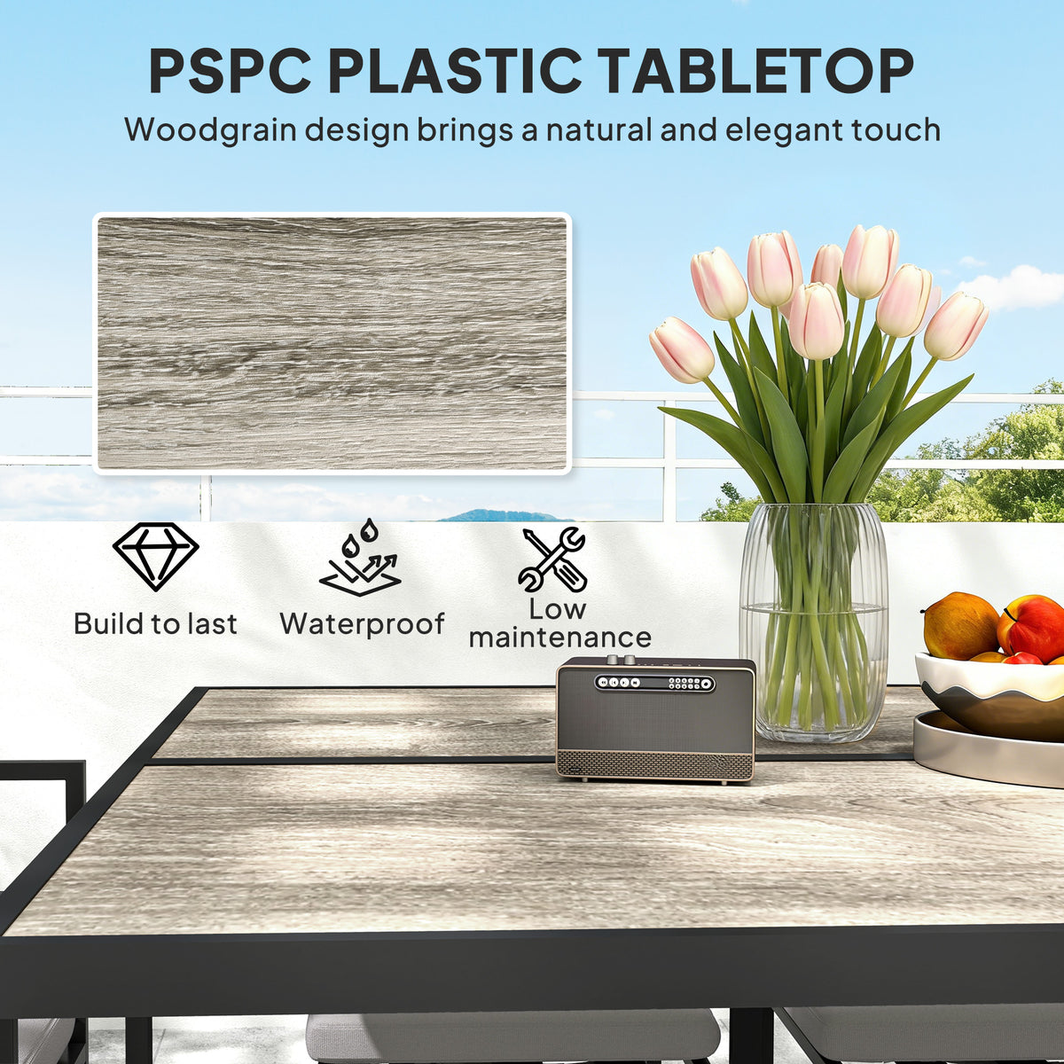 Woodgrain-look plastic tabletop on dark grey dining table frame