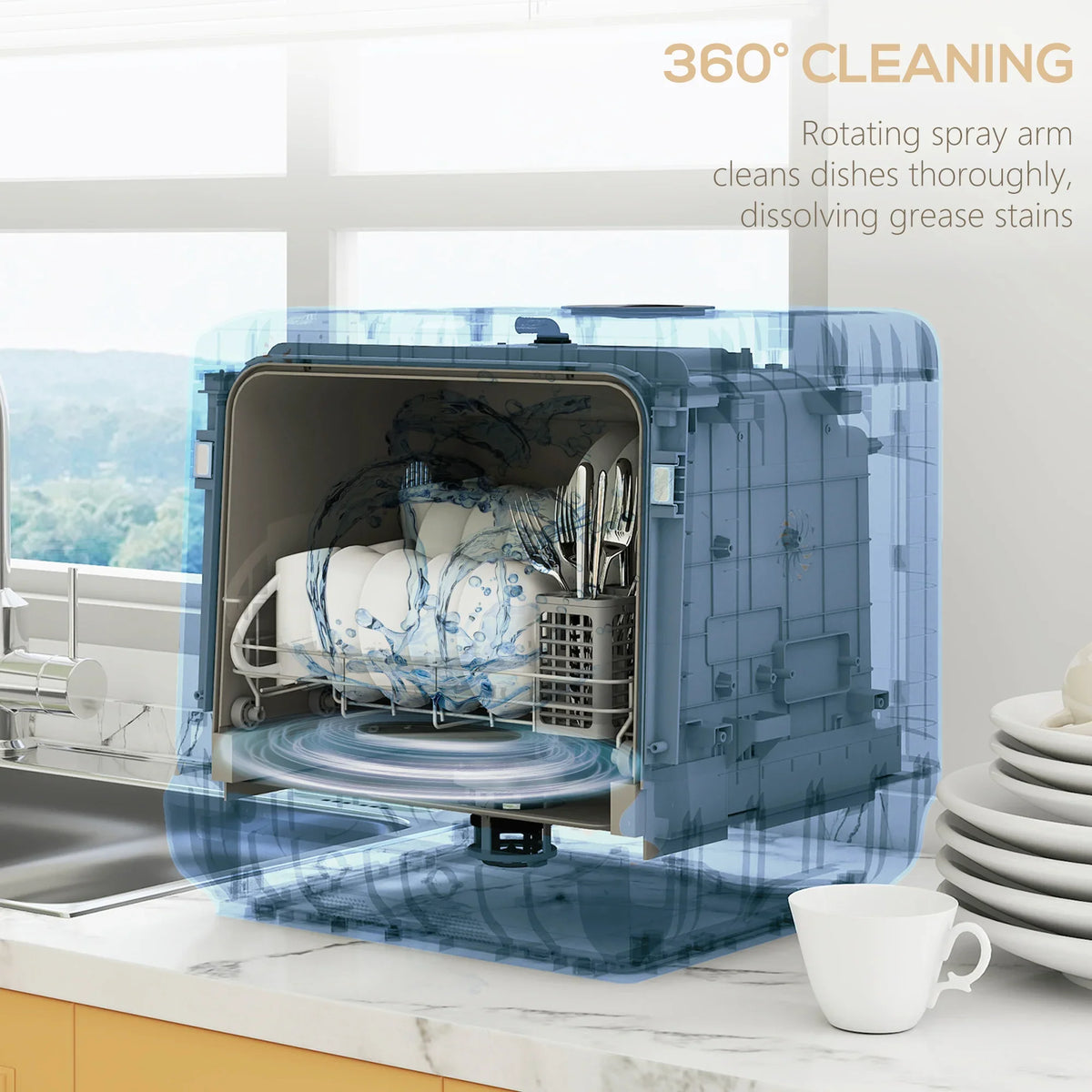 Countertop dishwasher with open door and 360° spray cleaning illustration