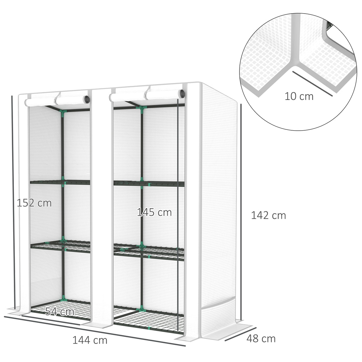 Three-tier mini greenhouse dimensions diagram with roll-up door panels and shelves