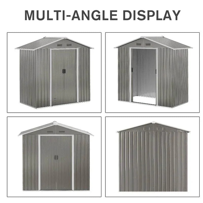 Metal garden storage shed multi-angle display, showing double sliding doors