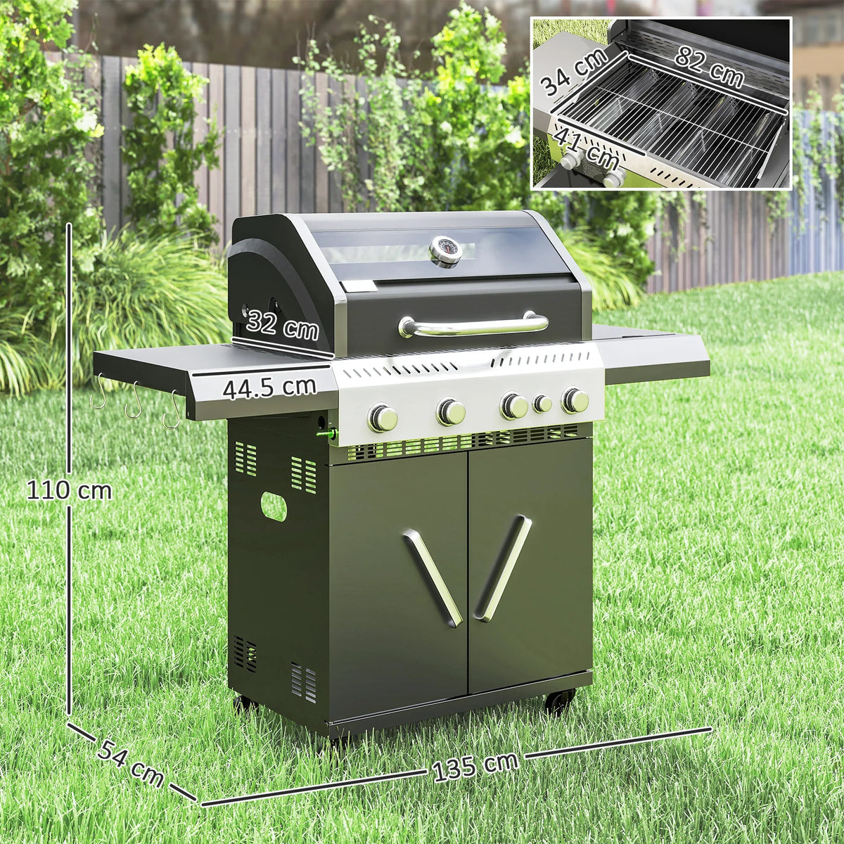 4+1 burner gas BBQ grill with side control knobs, thermometer on lid, dark green cabinet
