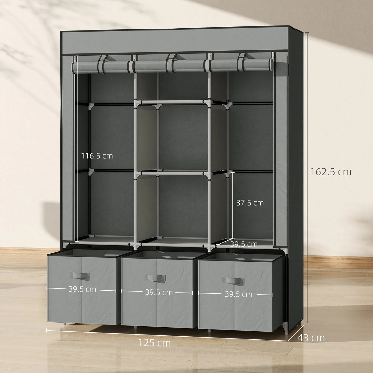 Foldable wardrobe with open front showing shelving and three fabric drawer bins, light grey