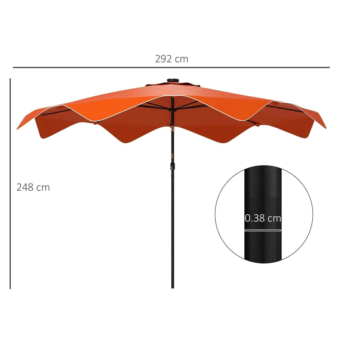 Orange square patio umbrella canopy with center pole, 292 cm by 248 cm diagram
