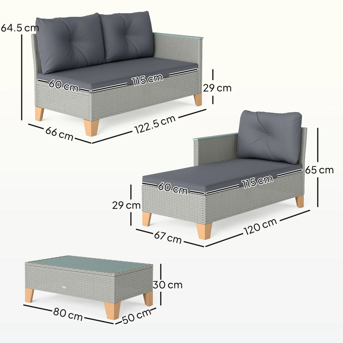 Charcoal gray outdoor rattan sofa with chaise and matching woven coffee table