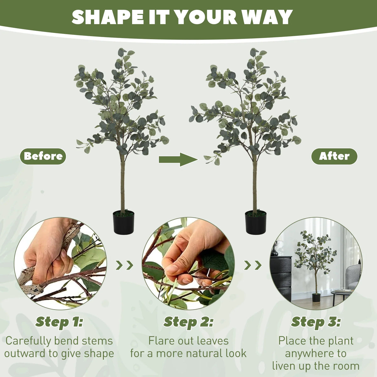 Faux eucalyptus tree in a black pot with flexible stems and gray-green leaves