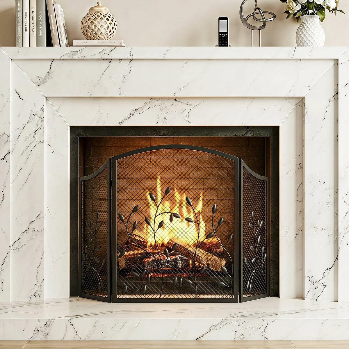 3-panel foldable metal fireplace spark guard screen with black mesh and curved frame