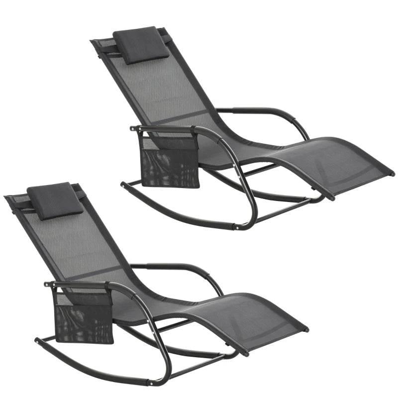 Outdoor rocking lounge chair with black frame and dark gray mesh recline cushion