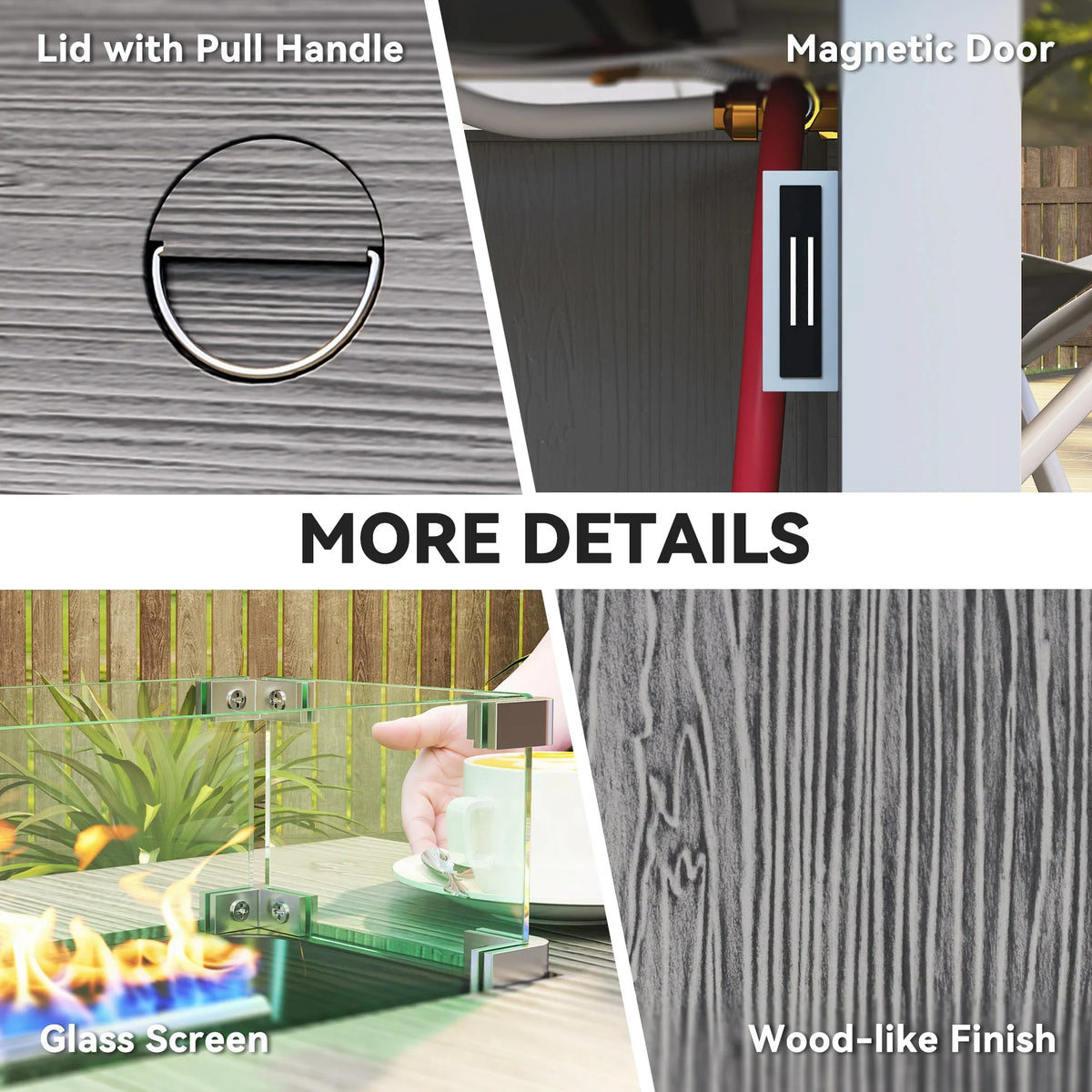 Dark grey gas fire pit table with lid handle, magnetic door, and glass screen
