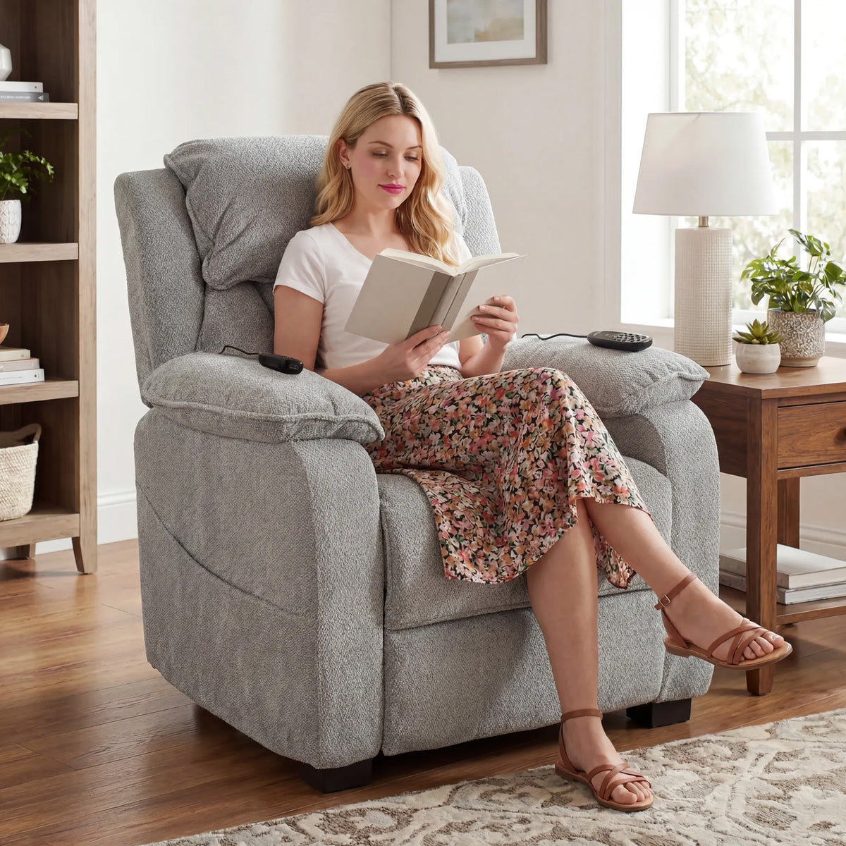 Light grey power recliner armchair with wide spring seat and armrest remote