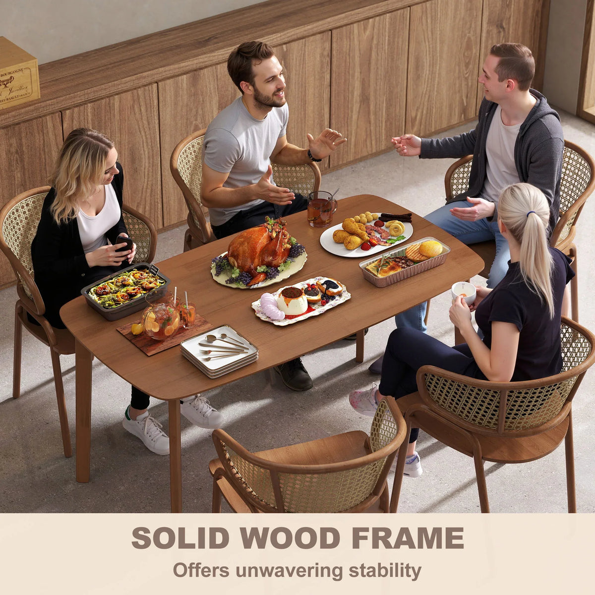 Light brown dining table with rounded corners and solid wood legs, family meal setup