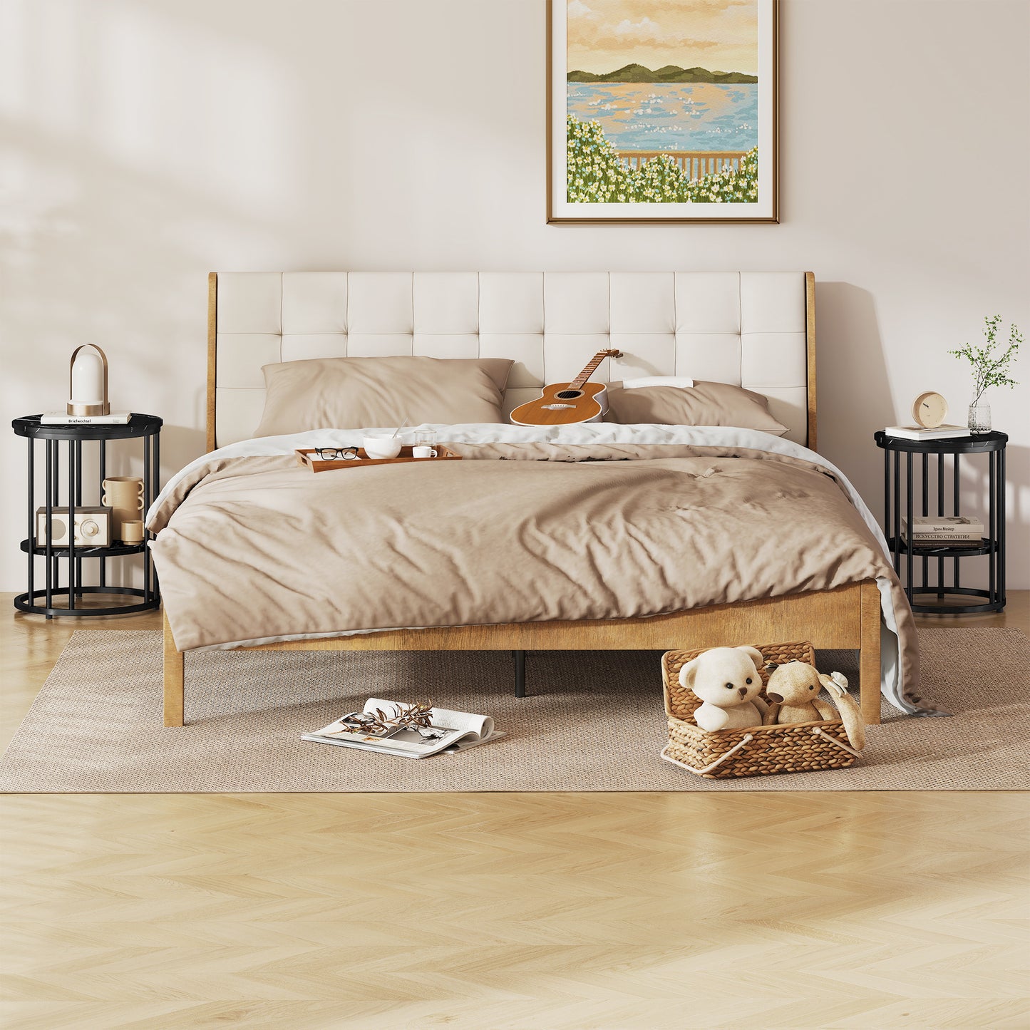HOMCOM Marble Effect Coffee Tables Set of Two with Black Steel Frame and Two Tier Design