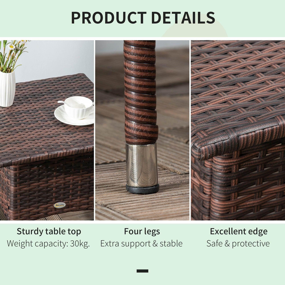 Square woven side table detail showing edges and four legs with protective bases