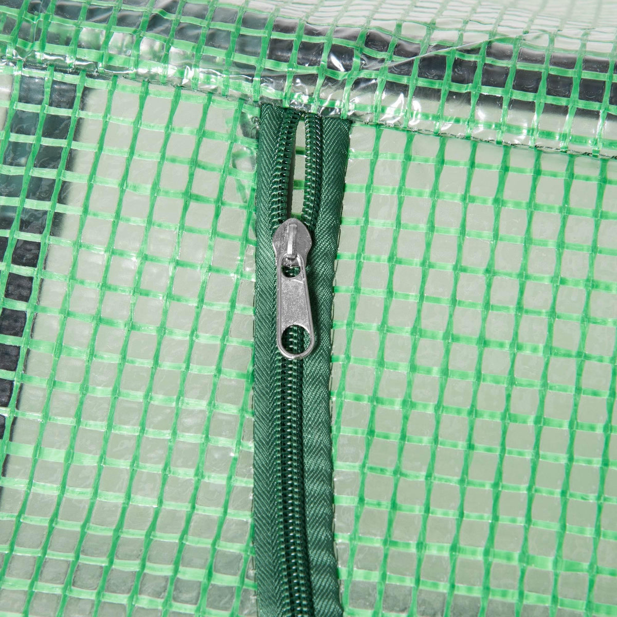 Close-up of green PE mesh greenhouse with zipper track and pull tab
