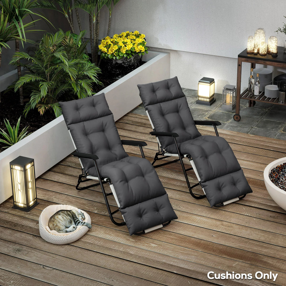 Set of two dark grey sun lounger cushions on chairs with padded backrests