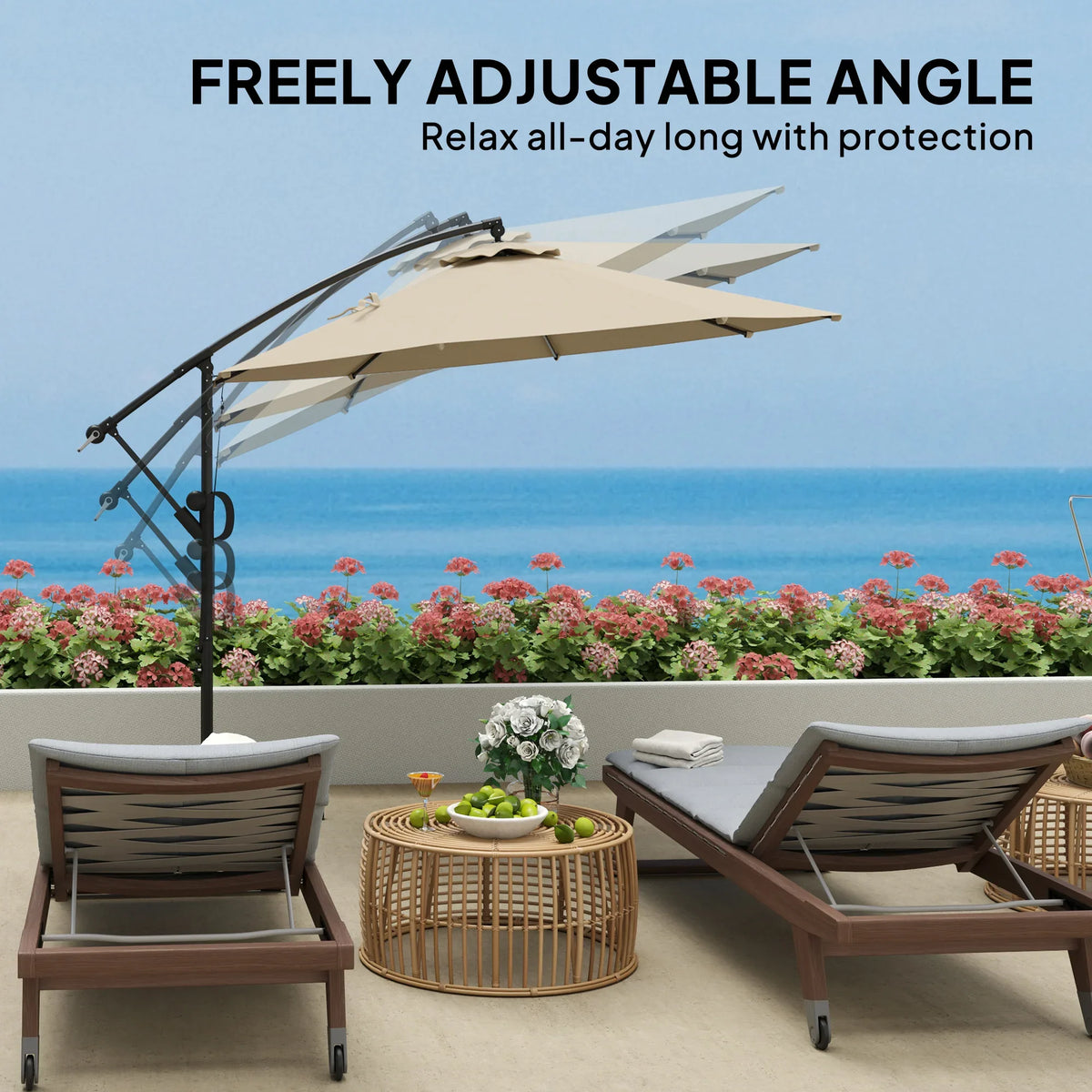 Khaki cantilever parasol with adjustable crank and open canopy above patio seating