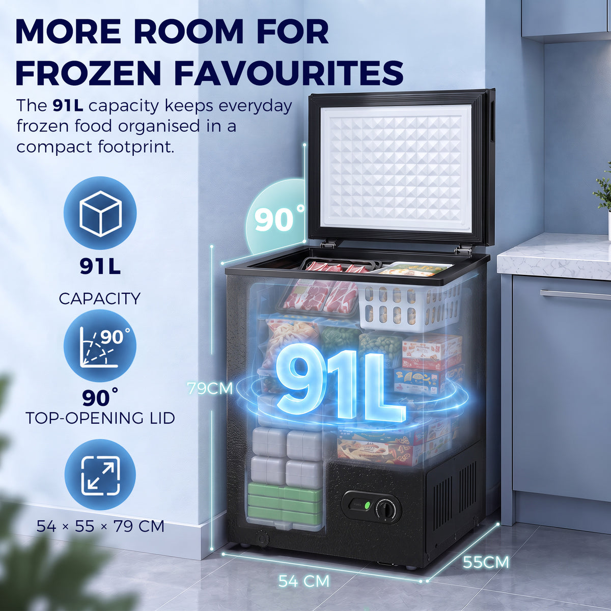 Black chest freezer with open lid showing organized frozen food storage