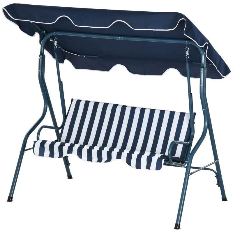 Outdoor swing bench with navy canopy and blue-and-white striped seat cushion on metal frame