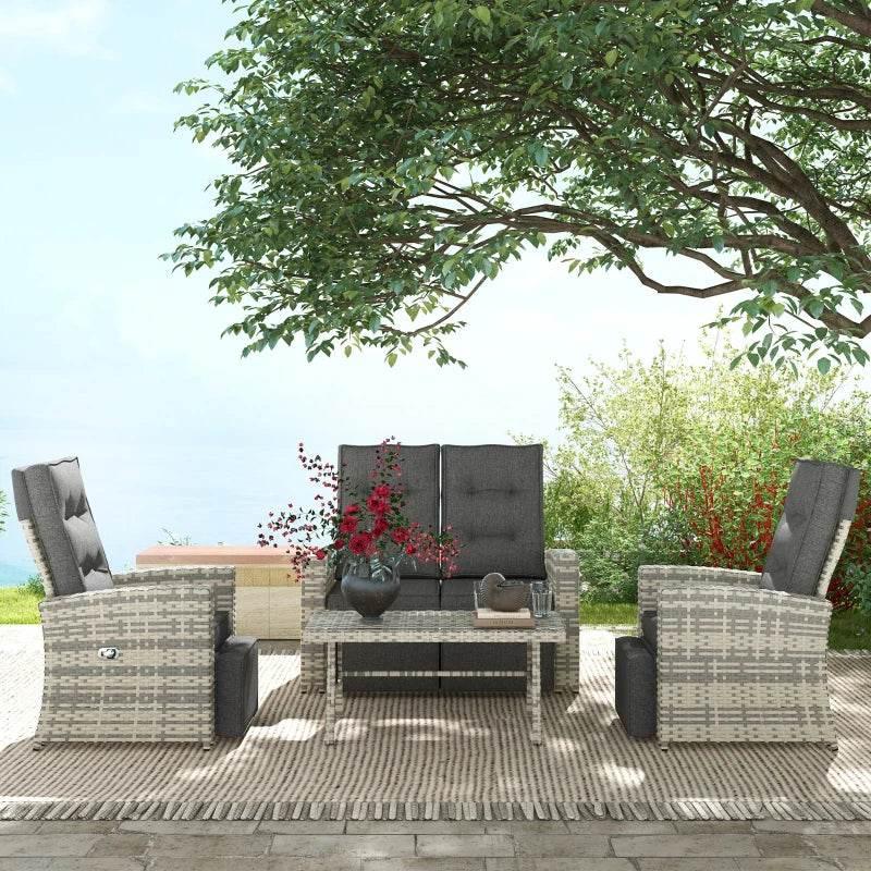 Light grey PE rattan outdoor sofa sectional set with glass-top table and cushions
