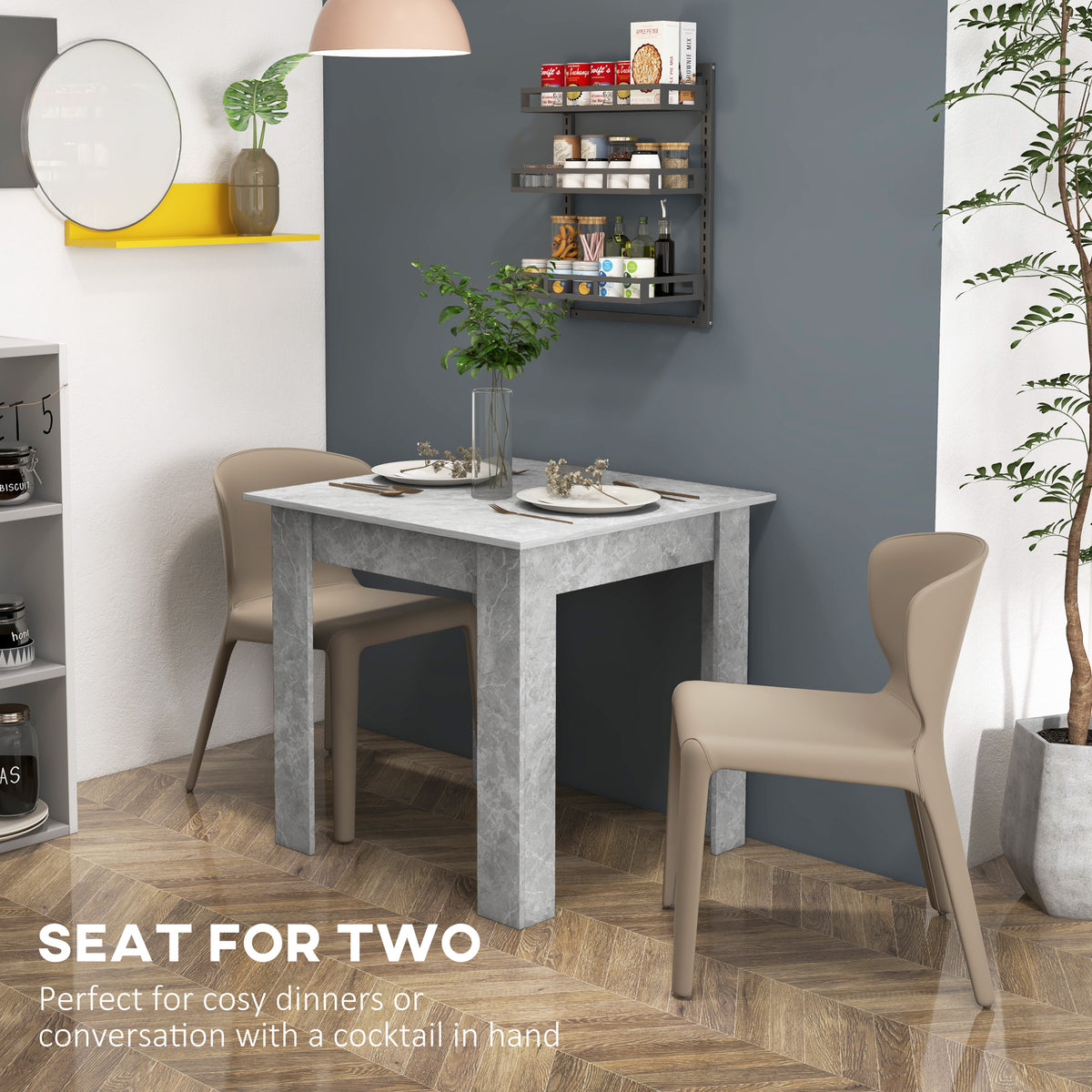 Cement-gray square dining table with faux concrete finish and four straight legs