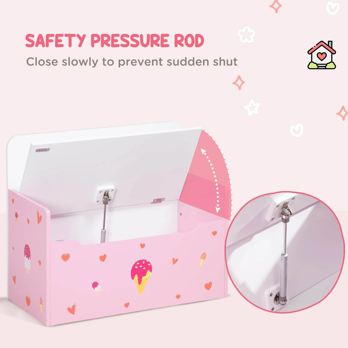 Pink toy storage bench with safety pressure rod holding the lid open