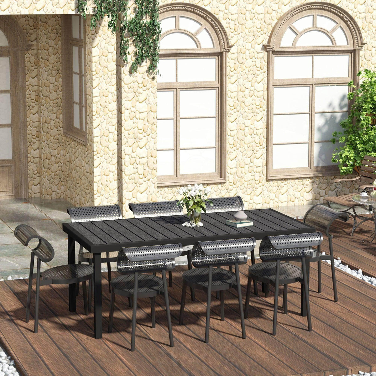 Black rectangular outdoor dining table with faux-wood effect top, seating for 8.